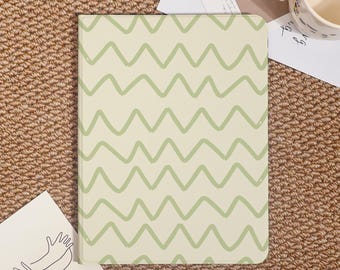 Green Simple Waves iPad Case For iPad Pro 2024/2022/2021,New iPad Air 7-11"/13" 2025 Cover,iPad 6/7/8,iPad Mini Case With Pencil Holder,Gift