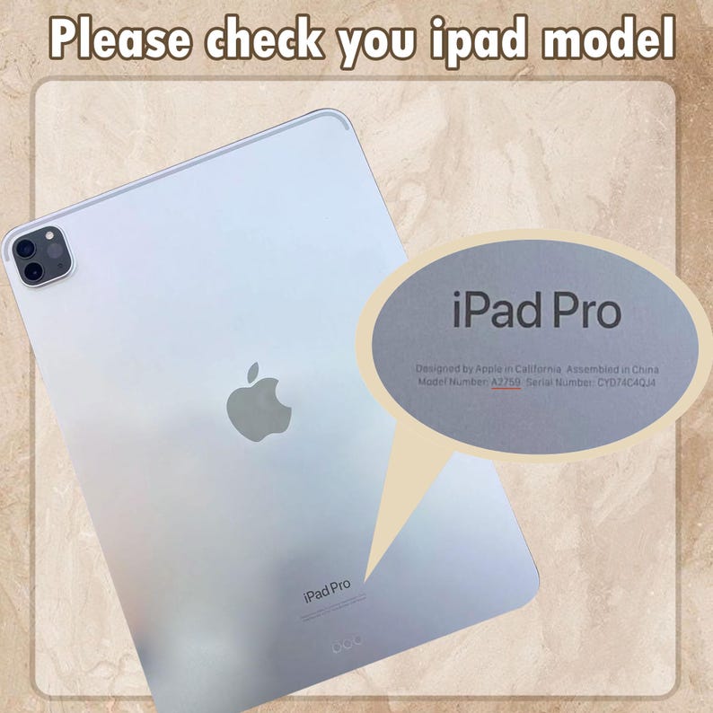 May include: A silver iPad Pro with the Apple logo is displayed. The text "Please check you ipad model" is at the top. A close-up shows the text "iPad Pro" and details including the model number A2750.