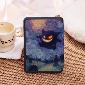 May include: Black tablet case featuring a stylized illustration of a Gengar character against a swirling night sky and graveyard scene. The artwork has a painterly style with vibrant colors, including orange, purple, and yellow.