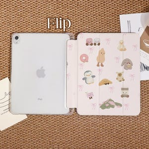 May include: A clear iPad case with a flip cover. The flip cover is light pink and decorated with cartoon illustrations of animals and food. The word "Flip" is printed in gold at the top of the image.