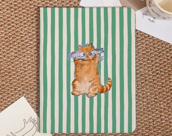 Stripe Cartoon Cat iPad Case For iPad Pro 2025/2024/2022,New iPad Air 7-11/13" 2025 Cover,iPad 6/7/8,iPad Mini Case With Pencil Holder,Gift
