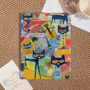 May include: A colorful, whimsical illustration featuring cartoon cats in various poses. The artwork includes the words "GROOVY", "COOL ZONE", and "COOL CAT". The cats are depicted with sunglasses, playing guitar, and relaxing on a pool float.