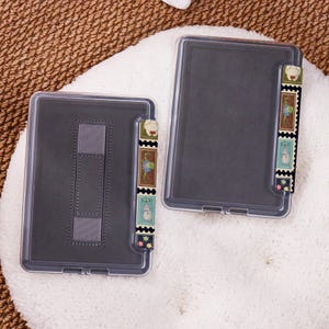 May include: Two clear plastic e-reader cases with a dark grey interior. Each case has a decorative strip with colourful postage stamp designs. One case has a built-in stand.