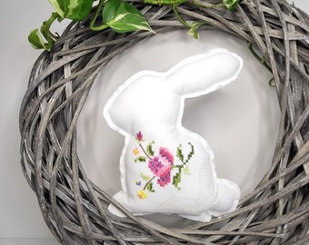 Vintage Cross-Stitch Bunny – Upcycled Floral Easter Rabbit Decor, Recycled Vintage Decor, Spring Home Accent