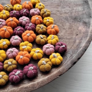 May include: A selection of small, felt pumpkins in autumnal hues of orange, yellow, pink, and burgundy. Each pumpkin features a small, light-coloured stem. The pumpkins are displayed in a wooden bowl.