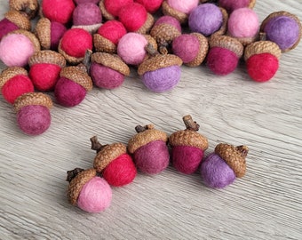 Felted wool acorns. Mix of pink and purple colors. Acorn ornaments, home decor, natural Christmas ornaments, rustic wedding decor