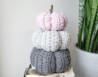 Chunky crochet pumpkins. Pink and gray chunky pumpkins stack. Thanksgiving decor, Farmhouse decor, Halloween decor, Fall home decor,