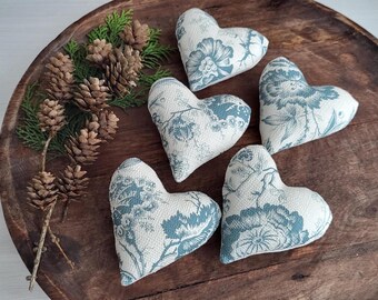 Blue and White Floral Heart Ornaments • Romantic Linen Hearts • Floral Decor • Handmade Cottagecore Accents