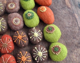Fall tones Embroidered Pebbles -  Wool Pebble beads for DIY projects, Crafts & Decorative Use