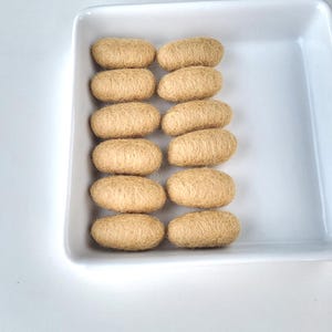 Puede incluir: Un plato cuadrado de cerámica blanca lleno de doce objetos beige, oblongos y texturizados. Los objetos están dispuestos en tres filas de cuatro. Los objetos tienen un aspecto fibroso, y el plato está sobre un fondo blanco.