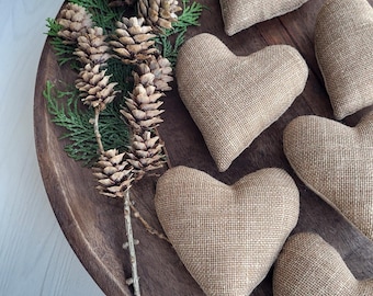 Fabric Hearts • Tiny Rustic Hearts • Two‑Tone Brown Back • Handmade Neutral Decor