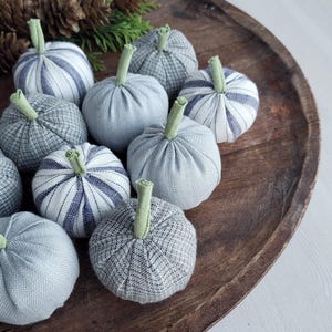 May include: A collection of fabric pumpkins in various patterns and shades of gray and white, with green stems, arranged on a wooden tray. Some pumpkins have blue stripes. Decorative fall-themed home decor.