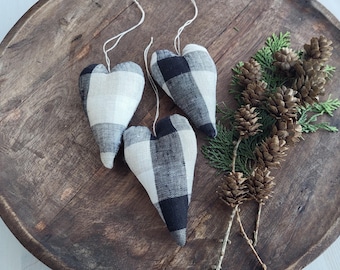 Linen Fabric Heart Ornaments • Rustic Plaid Hearts • Handmade Neutral Decor • Cozy home Accents