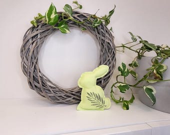 Linen Bunny with Handmade Linocut Print – Natural Easter Decor – Minimalist Spring Ornament