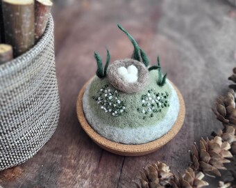 Mini Felted Bird Nest • Nature Lovers Gift • Miniature Wool Terrarium in Cork Coaster • Handmade Woodland Decor • Tiny Fairy Garden Gift