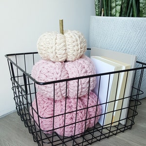 Könnte beinhalten: Ein schwarzer Drahtkorb enthält drei gehäkelte Kürbisse in Creme- und Rosatönen. Der oberste Kürbis ist cremefarben, der mittlere hellrosa und der untere dunkler rosa. Ein kleiner Holzstiel bedeckt den cremefarbenen Kürbis. Bücher sind im Korb sichtbar.