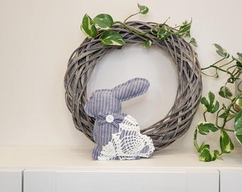 Upcycled Linen Bunny with Doily decor • Recycled Striped Fabric Decor • Easter Rabbit • Handmade Minimal Spring Accent