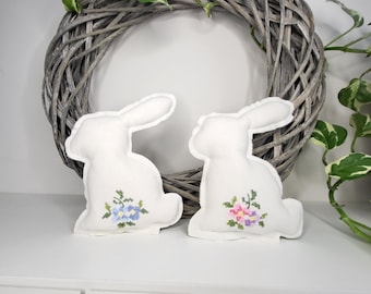 Vintage Cross-Stitch Bunny – Upcycled Floral Easter Rabbit Decor, Recycled Vintage Decor, Spring Home Accent