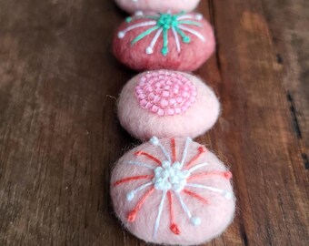 Pink Embroidered Pebbles -  Wool Pebble beads for DIY projects, Crafts & Decorative Use