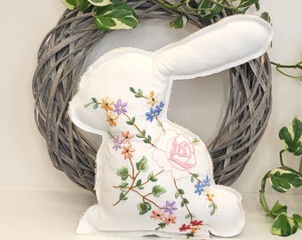 Easter Bunny Decor • Floral Embroidery • Recycled Vintage Tablecloth Decor • Handmade Easter Rabbit • Minimal Spring Home Accent