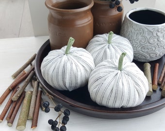 White striped pumpkins. Fabric pumpkins. Rustic fall decor, Farmhouse decor, Fall wedding, pumpkins decor, Country living, Cosy home decor