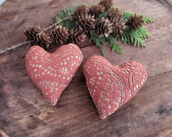 Burnt Orange Lace Heart Ornaments • Rustic Fabric Hearts • Handmade Fall Decor • Cottage Wedding Accents