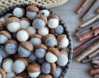 Felted wool acorns. Mix of white and gray melange acorns. Acorn ornaments, home decor, natural Christmas ornaments, rustic wedding decor