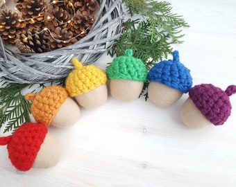 Rainbow Acorn ornaments. Chunky acorn decor, Woodland decor, felt acorns, Montessori colors, Acorn ornaments