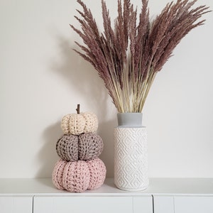 Peut inclure: Une composition décorative d'automne avec trois citrouilles crochetées empilées, crème, grise et rose. Un grand vase blanc avec un motif géométrique contient des herbes brunes séchées et plumeuses. L'arrangement est sur une surface blanche contre un mur blanc.