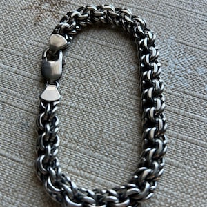 Men’s Solid Sterling Silver Bismark Bracelet – 10mm Wide, Handmade Chain, Heavy 925 Silver Jewelry,Oxidized (darkened)