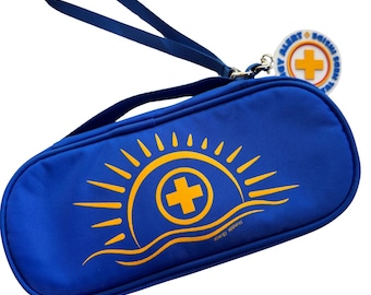 Geïsoleerde EpiPen-etui | Blauwe zonnestraal | Meerdere draagopties | Noodnummer: