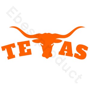 May include: Orange silhouette of a longhorn steer head with large horns and the word "TEXAS" in bold orange letters.