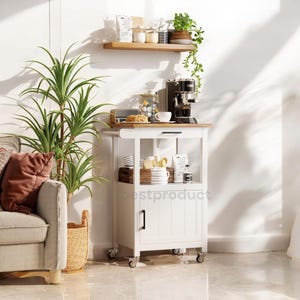 Rolling Kitchen Island Cart – Compact Coffee Bar and Microwave Stand with Drawer, Storage Cabinet, Side Hook & Wheels