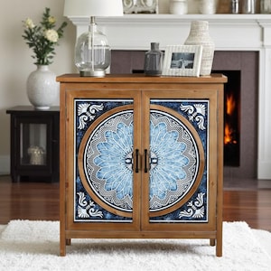 May include: A wooden cabinet with two doors featuring a blue and white mandala design. The cabinet has a brown wood finish and metal handles.