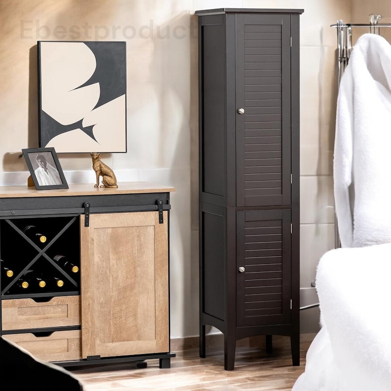 Tall gray wooden standing bathroom cabinet, a 5-tier freestanding narrow storage tower with two louvered doors.