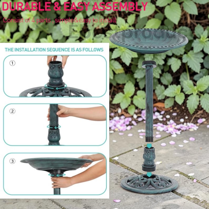 Antique Bird Bath Outdoor Garden Decor | 28" Polyresin Vintage Yard Art | Garden Statue Birdbath | Patio Lawn Backyard Ornament