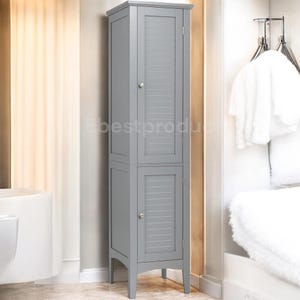 May include: A tall gray cabinet with two doors. The cabinet has a simple design with a slatted front and silver door knobs. The cabinet is standing in a bathroom.