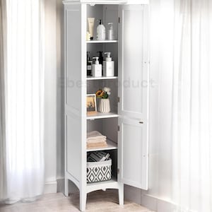 Tall gray wooden standing bathroom cabinet, a 5-tier freestanding narrow storage tower with two louvered doors.