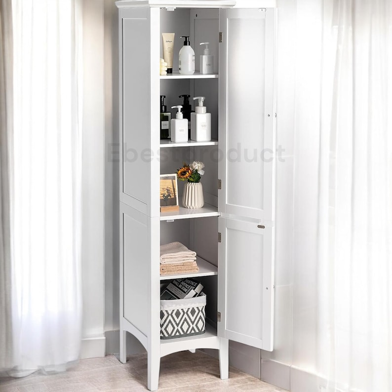 Tall gray wooden standing bathroom cabinet, a 5-tier freestanding narrow storage tower with two louvered doors.