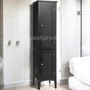 Tall gray wooden standing bathroom cabinet, a 5-tier freestanding narrow storage tower with two louvered doors.
