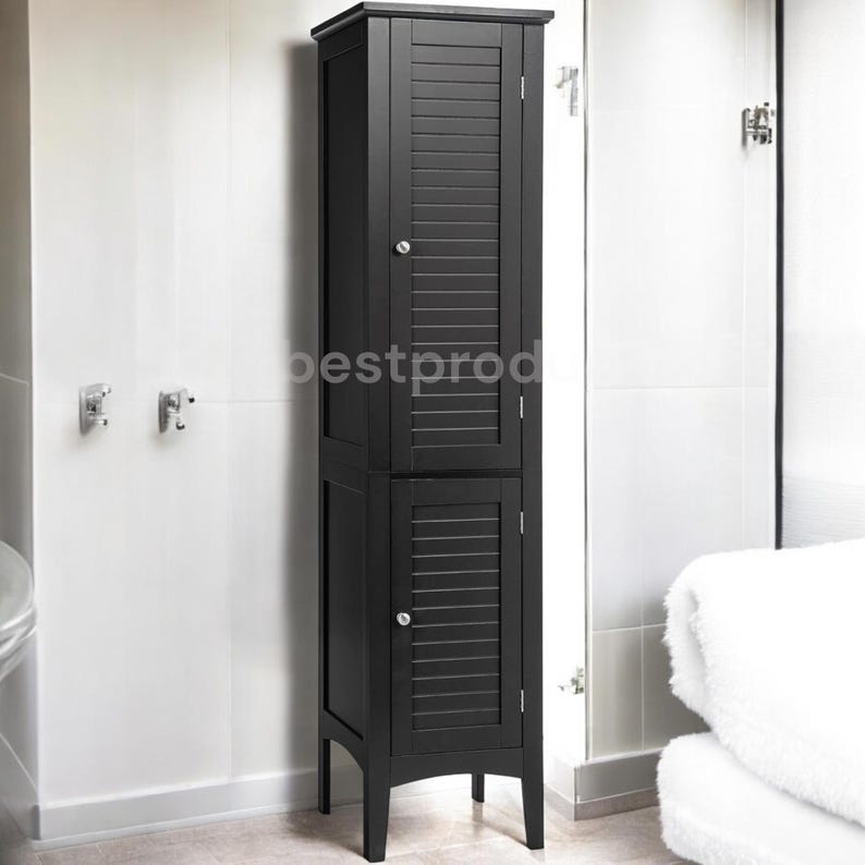 Tall gray wooden standing bathroom cabinet, a 5-tier freestanding narrow storage tower with two louvered doors.