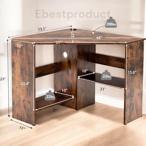 May include: A brown corner desk with two shelves on each side. The desk is 32 inches tall, 48 inches wide, and 33.5 inches deep. The shelves are 10 inches deep and 21 inches wide. The desk has a weight capacity of 200 pounds.