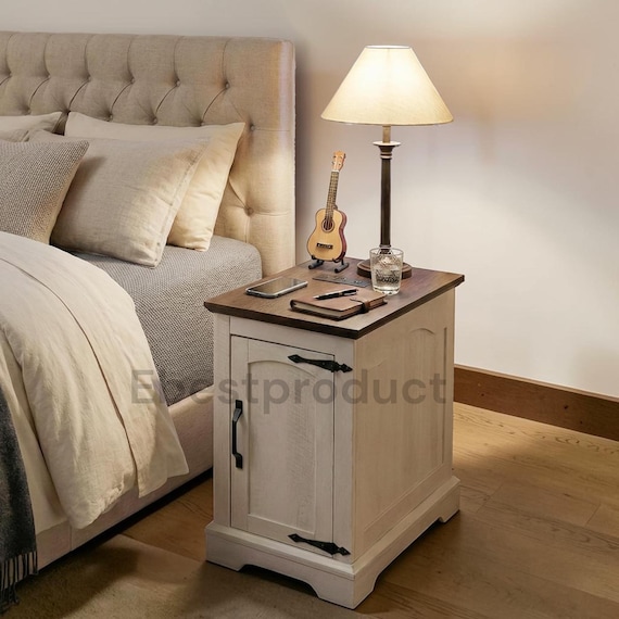 Rustic Narrow Side Table with Charging Station, Farmhouse Nightstand with Storage USB & Outlet Wood End Table for Bedroom Decor, Living Room