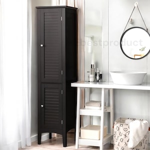 Tall gray wooden standing bathroom cabinet, a 5-tier freestanding narrow storage tower with two louvered doors.