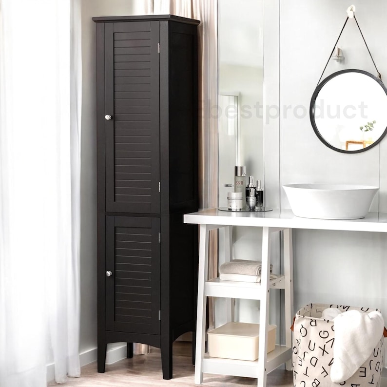 Tall gray wooden standing bathroom cabinet, a 5-tier freestanding narrow storage tower with two louvered doors.