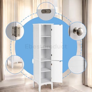 Tall gray wooden standing bathroom cabinet, a 5-tier freestanding narrow storage tower with two louvered doors.