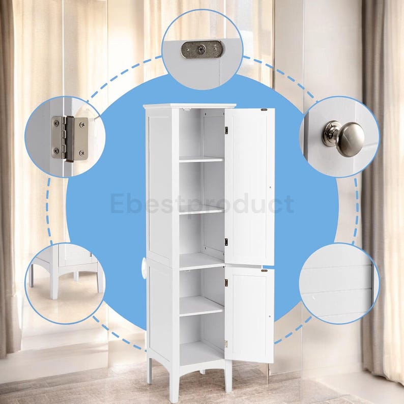 Tall gray wooden standing bathroom cabinet, a 5-tier freestanding narrow storage tower with two louvered doors.
