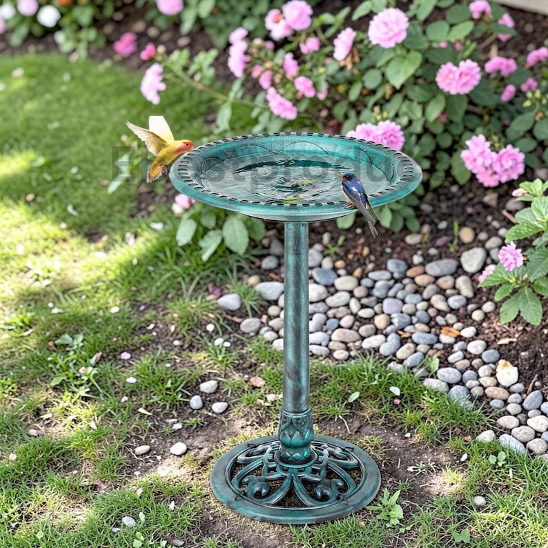 Antique Bird Bath Outdoor Garden Decor | 28" Polyresin Vintage Yard Art | Garden Statue Birdbath | Patio Lawn Backyard Ornament