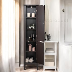 Tall gray wooden standing bathroom cabinet, a 5-tier freestanding narrow storage tower with two louvered doors.