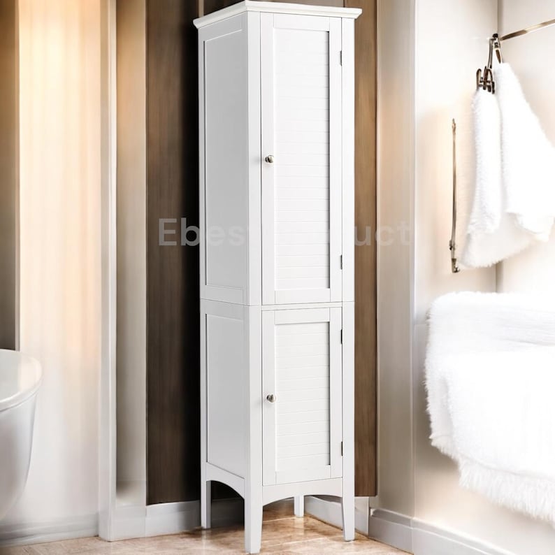 Tall gray wooden standing bathroom cabinet, a 5-tier freestanding narrow storage tower with two louvered doors.